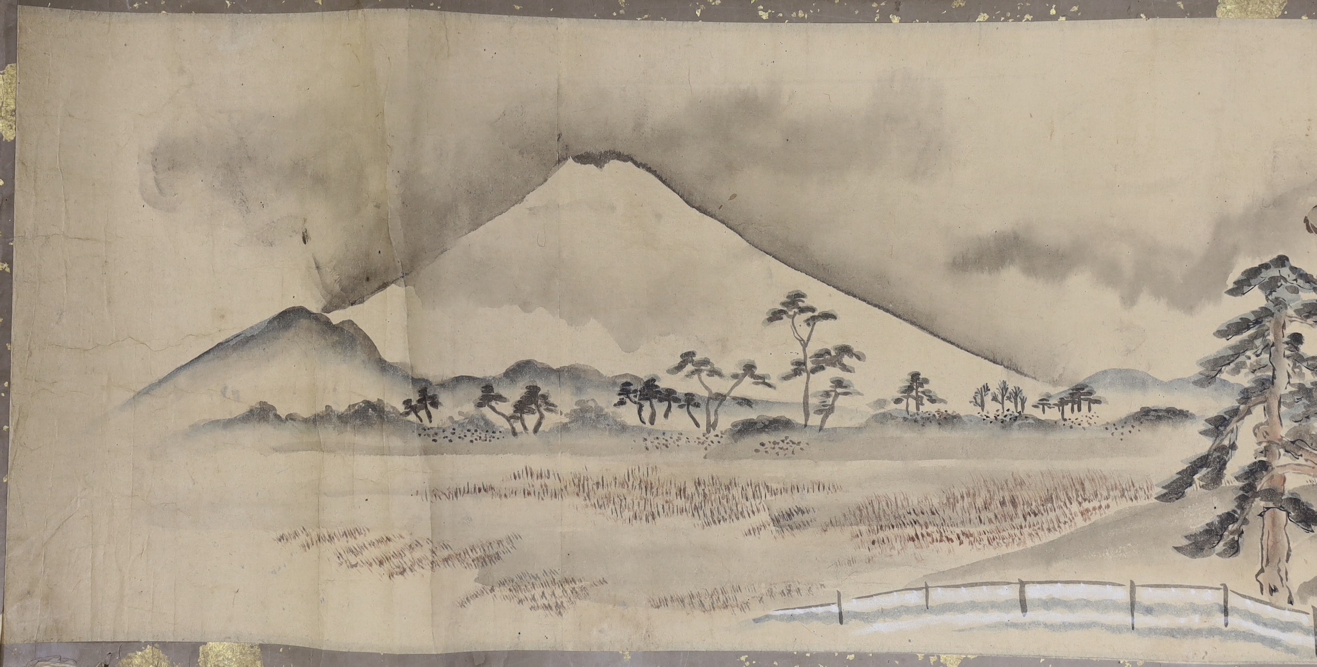 A Japanese landscape painting on paper hand scroll, Edo period, titled views, now in two parts, incomplete, image 27cm high x approximately 470cm wide